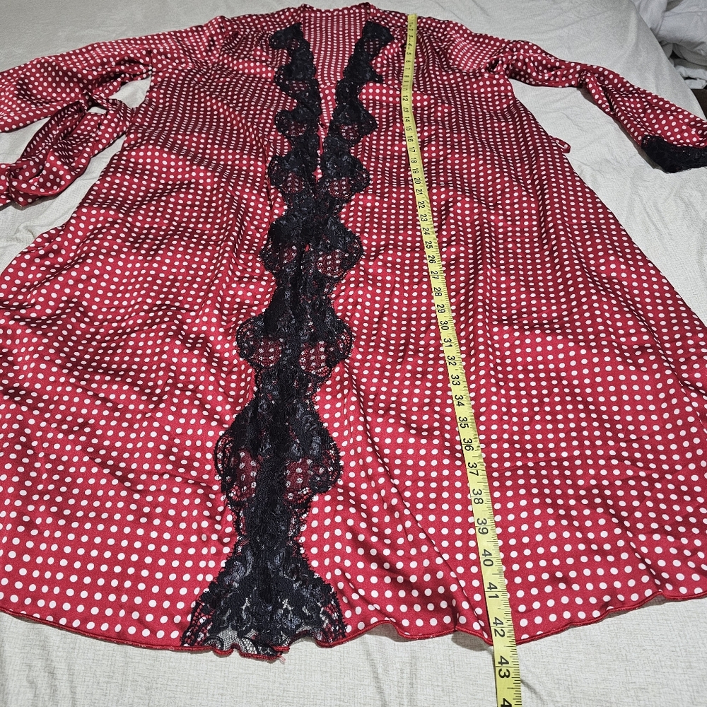 Frederick's of Hollywood Women's Polka Dot Satin and Lace Robe Red and White  XL - Picture 7 of 8
